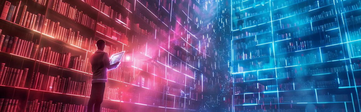 Person visits a futuristic digital library
