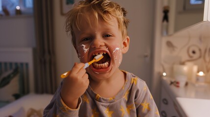 Adorable three-year-old toddler in pajamas brushing teeth, with a missing front tooth, showcasing early childhood dental hygiene and the charming innocence of a young child’s morning routine