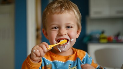 Adorable three-year-old toddler in pajamas brushing teeth, with a missing front tooth, showcasing early childhood dental hygiene and the charming innocence of a young child’s morning routine