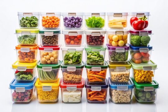Colorful meal prep containers on a white background, each labeled with date and contents using a marker, showcasing organized healthy meals for the week.
