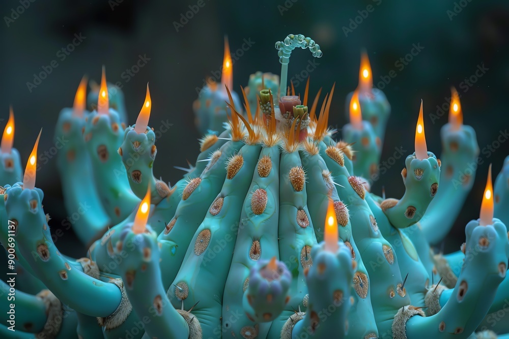 Poster abstract close-up of blue cactus with glowing orange candles, creating a surreal and mystical atmosp