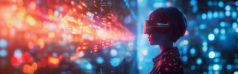 Person visiting a futuristic digital art gallery