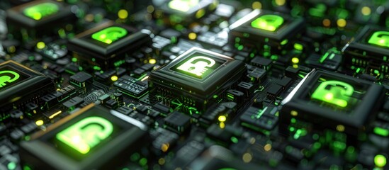 Fototapeta premium Green Lock Icons Embedded in a Circuit Board