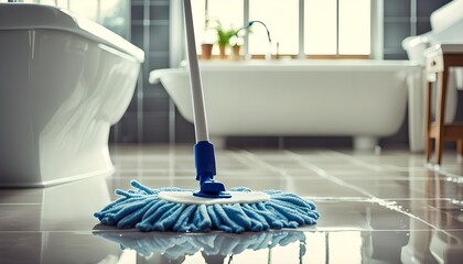 Washing floor with mop in bathroom, space for text. Clean trace on dirty surface
