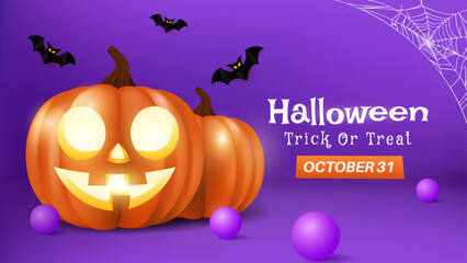 Halloween Promotion Poster or Banner Template. Features Cute Pumpkin, Candle, and Bat Elements. Perfect for Spooky Websites or Banners. EPS 10 Format.