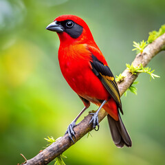Obraz premium A vibrant red bird with black and feathers in forest image.