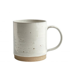 White ceramic mug with a speckled glaze and a brown base.  Perfect for coffee, tea, or hot chocolate.