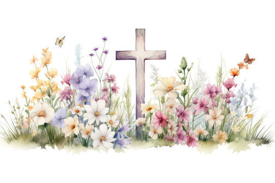 generated illustration of watercolor christian cross in flowers on white background