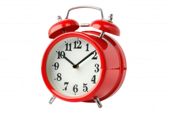 A classic red alarm clock with black hands and numbers, isolated on a black background.