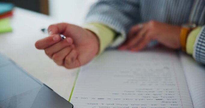 Teacher, hands and marking for exam, school and university test or quiz in office. Woman, closeup and book or question paper for student, project and college education with assignment in workplace