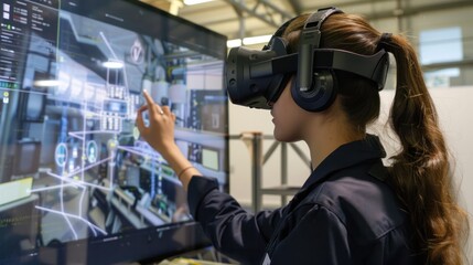 Woman wearing virtual reality headset interacts with 3D simulation on large display