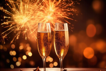 generated illustration of glass of champagne with firework on bokeh background