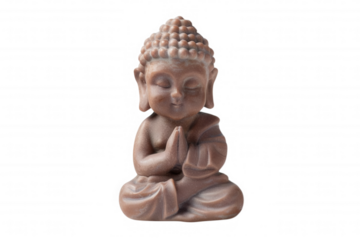 A small, serene statue of Buddha in a meditating pose with hands clasped in prayer.