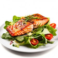 Fried salmon steak with salad white background