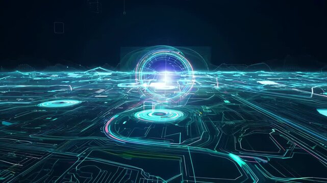 Digital landscape featuring a complex network of glowing circuits and an energy core in a virtual reality environment