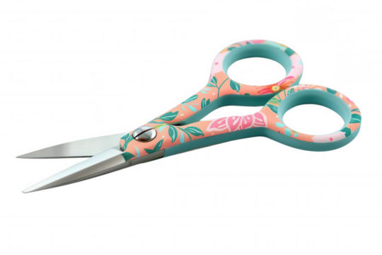 A pair of pink and teal floral scissors with sharp blades, isolated on a black background.