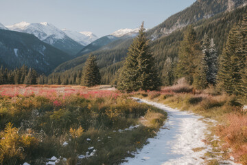 Autumnal mountain landscape with snow-capped peaks, lush green valleys, and vibrant fall foliage