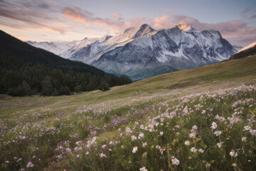 Panoramic alpine meadow with wildflowers in bloom, snow-capped peaks against a clear blue sky