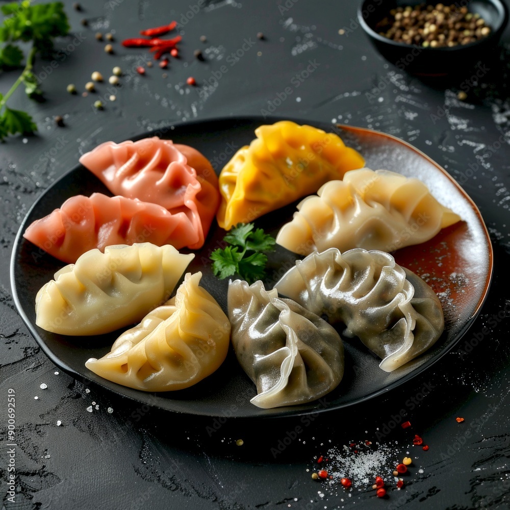 Sticker Colorful dumplings arranged on a black plate. This image is perfect for culinary blogs and food photography. 