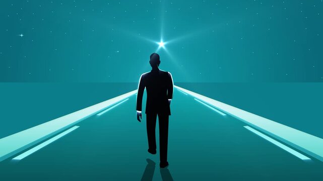 Motion graphic of a man walking toward a bright star in the middle of a road on a starry night. Ideal for aspiration, journey, and destiny themes, symbolizes the pursuit of dreams