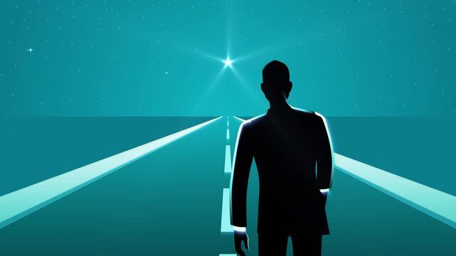 Back view of a man walking toward a bright star in the middle of a road on a starry night. Ideal for aspiration, journey, and destiny themes, symbolizes the pursuit of dreams