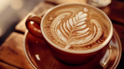 A coffee artistic latte closeup, coffee form energy and refreshment caffine