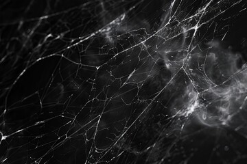 Closeup of a detailed spider web glistening against a dark, moody backdrop