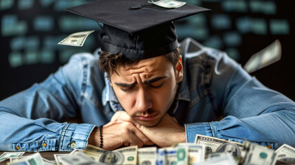 A student in a graduation cap is overwhelmed by financial struggles, surrounded by scattered dollar bills.