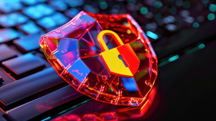 A vibrant digital shield with a padlock symbol, representing security and protection in the online world.