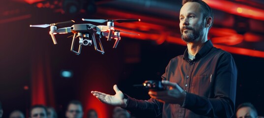 Innovative Tech Conference: Inventor Presenting Cutting-Edge Modern Drone to Enthusiastic Audience