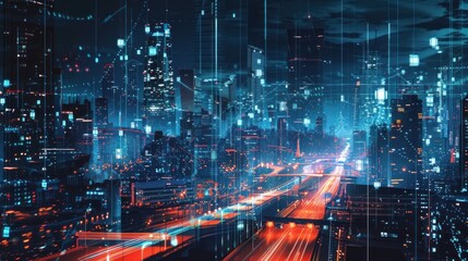 Obraz premium A Futuristic Cityscape at Night with Glowing Lights and Digital Overlays