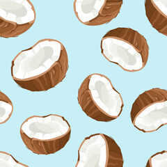 Coconut halves isolated on blue background. Vector background. Cartoon flat illustration.