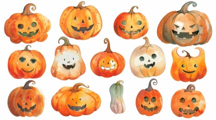 Naklejka premium Halloween pumpkins set. White background. Watercolor illustrations