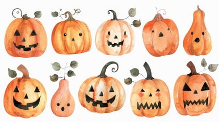 Obraz premium Halloween pumpkins set. White background. Watercolor illustrations
