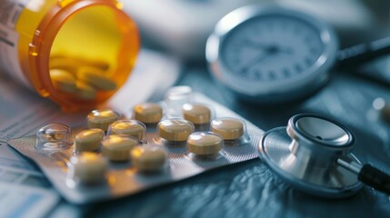 Close-Up of Hypertension Medication Bottle and Pills with Stethoscope for Health Education and Awareness