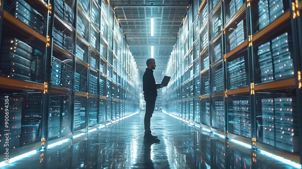 Leinwandbilder The Chief Technology Officer of the Center is holding a laptop while standing in a warehouse. Information is being streamed through servers as lines of digitalization are entered. Generative AI.