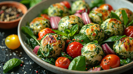 A white plate filled with healthy spinach malfatti and cherry on table