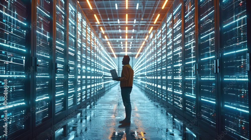 Poster the chief technology officer of the center is holding a laptop while standing in a warehouse. inform
