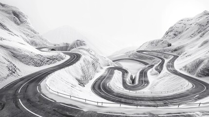 Fototapeta premium A twisting mountain pass with steep curves, set against a stark white background, showcasing detailed road textures and markings.