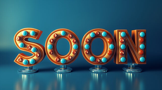 Text "Soon" with colorful bulbs on a teal background. Concept of anticipation, excitement, and upcoming events, suitable for announcements and promotional designs