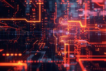 A digital matrix of interconnected circuits with a glitch effect, rendered in red and orange hues