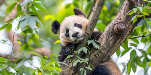 Tranquil Repose: Close-Up of a Peaceful Panda Resting in a Lush Canopy