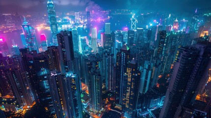 Fototapeta premium Aerial Night View of a Cityscape with Skyscrapers Illuminated by Neon Lights