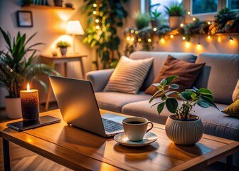 Cozy living room with laptop on table, coffee cups, and plants, dimly lit, conveying sense of warmth and comfort during virtual social gathering.