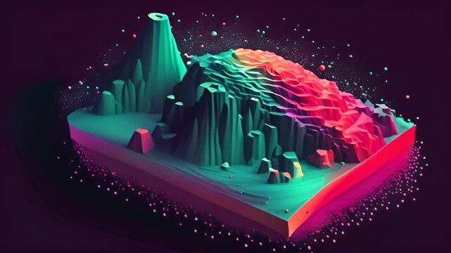 Abstract virtual isometric terrain with mountains. Slice of topographic ground with peaks