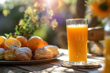 Freshly Squeezed Orange Juice in a Sunny Garden Setting with Breakfast Pastries for Relaxing Mornings