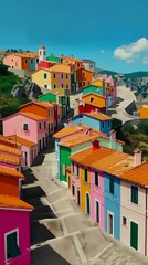 Colorful Mediterranean village with vibrant houses. Captivating street view in bright daylight. Artistic image perfect for travel, design, and cultural concepts. Ideal for creative projects. AI