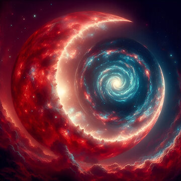Half a Red Moon, with a galaxy forming inside it.
Red Moon, with a galaxy forming inside it
Metade de uma Lua Vermelha, com uma gal&aacute;xia se formando dentro dela..