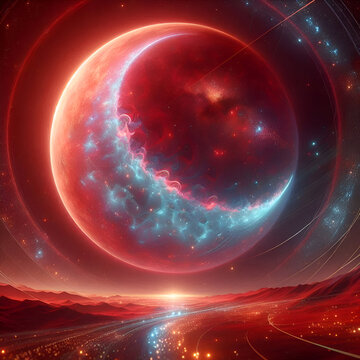 Half a Red Moon, with a galaxy forming inside it.
Red Moon, with a galaxy forming inside it
Metade de uma Lua Vermelha, com uma gal&aacute;xia se formando dentro dela..