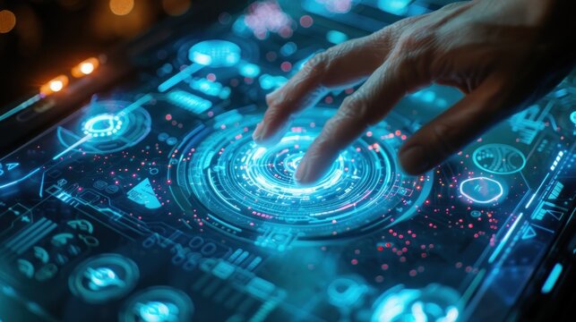 Futuristic touch screen interface with a finger pressing a glowing blue button